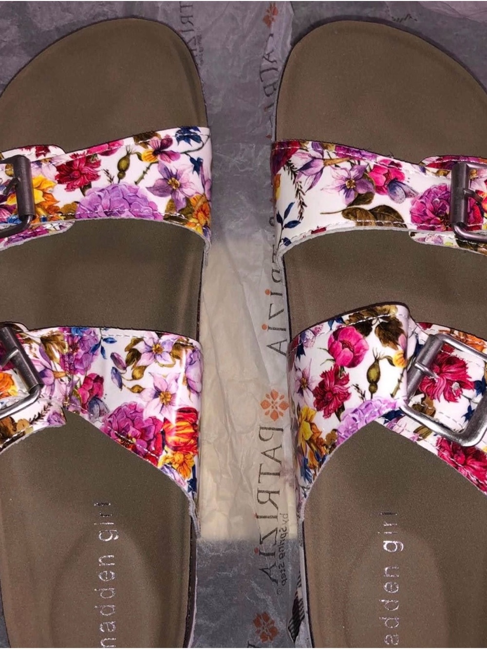 Madden Girl Floral Double-Buckle Slide Sandals in White and Pink